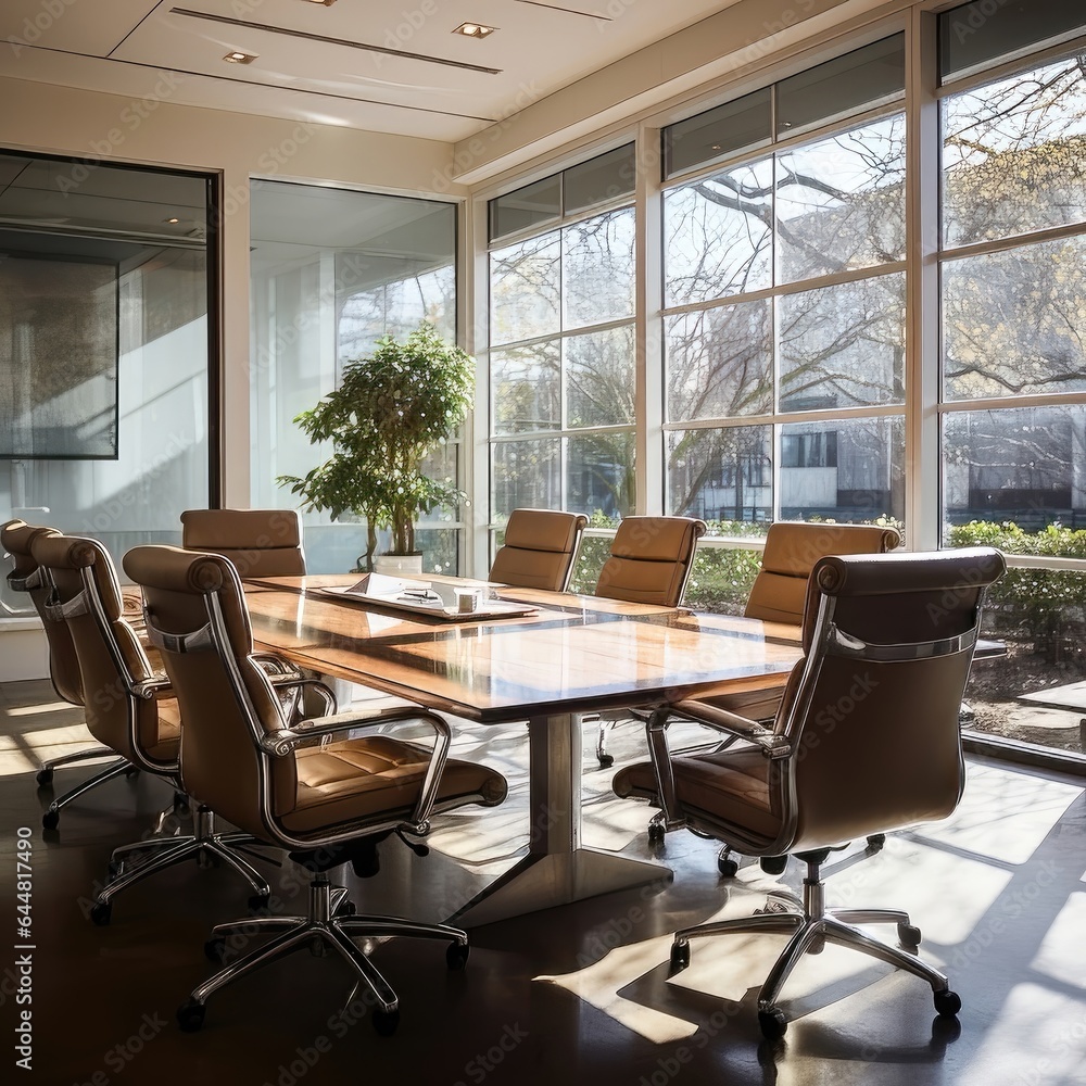 Fototapeta premium Tranquil Collaboration: Sunlit Serenity in the Conference Room. Generative AI 4