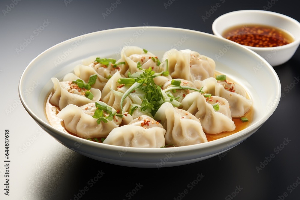 A white bowl filled with wonton dumplings next to a bowl of sauce. Fictional image. A white bowl filled with wonton dumplings next to a bowl of sauce. Fictional image.