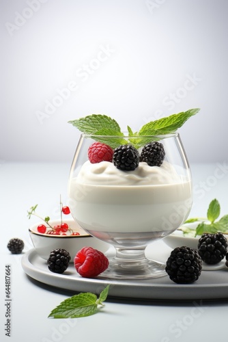 A glass of yogurt with berries and mint leaves. Fictional image.