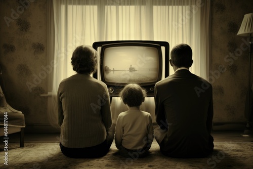 Retro photography family sitting in front of TV.