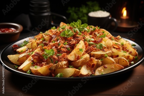 A black plate topped with potatoes and meat. Fictional image. Bratkartoffeln, German dish.