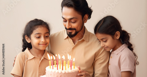 Loving father and kids with birthday cake. Generative AI