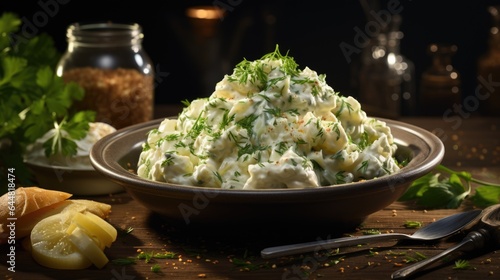 A bowl of mashed potato salad on a wooden table. Fictional image.