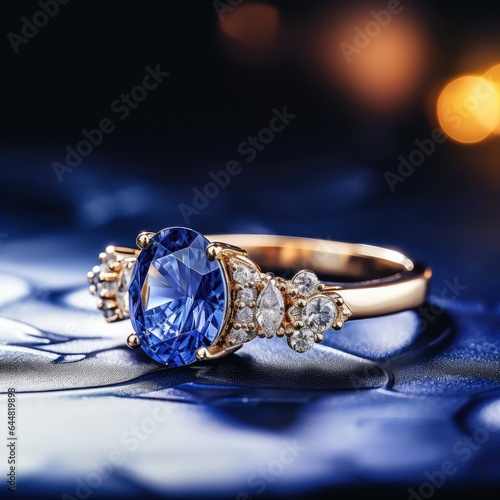 A Sapphire Ring - Timeless Sapphire Timepiece Presentation - Radiating Gemstone Beauty in Ring Design Background - Product Backdrop with empty copy space for text created with Generative AI Technology