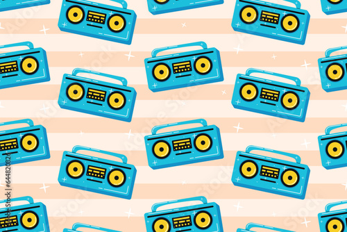 Old retro music player, trendy youth cassette tape recorder. Vector cartoon seamless pop pattern, 90s style.