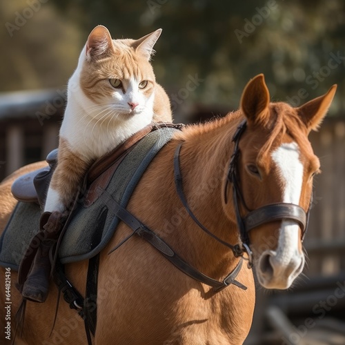 Horse with tabby cat, a perfect picture for animal lovers. Generative AI