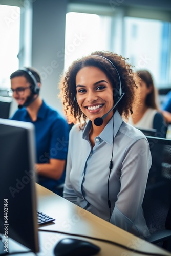 Customer support agent or call center in headset working at customer service office. photo