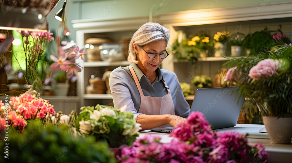  flower shop employee diligently working at her laptop computer
