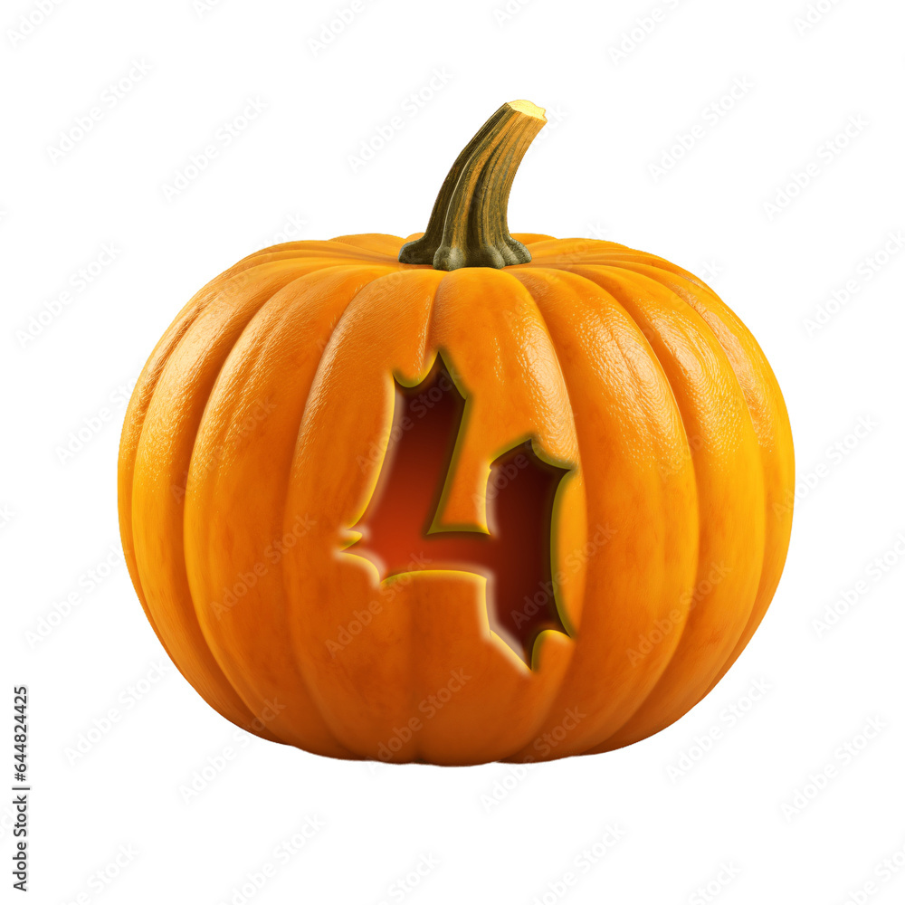 Obraz premium Halloween pumpkin font number four, 4. Isolated on transparent background. 