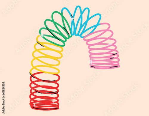 Children multi-colored toy 90s Slinky spiral. Vector isolated cartoon retro game.