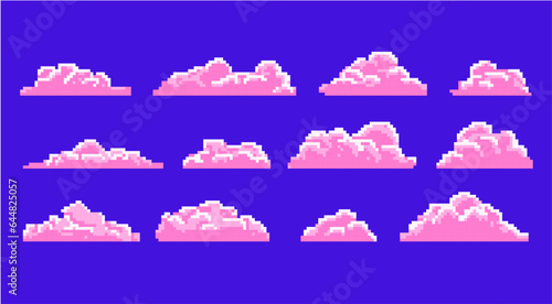 pink cloud pixel. Pixel cloud landscape, cloudy pink masses on a blue sky. Pixelated icons to customize the game and scenery. 8-bit game background or old-school retro arcade style.