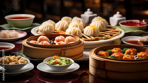 An array of colorful and delicate dim sum dishes, showcasing the variety of flavors and textures