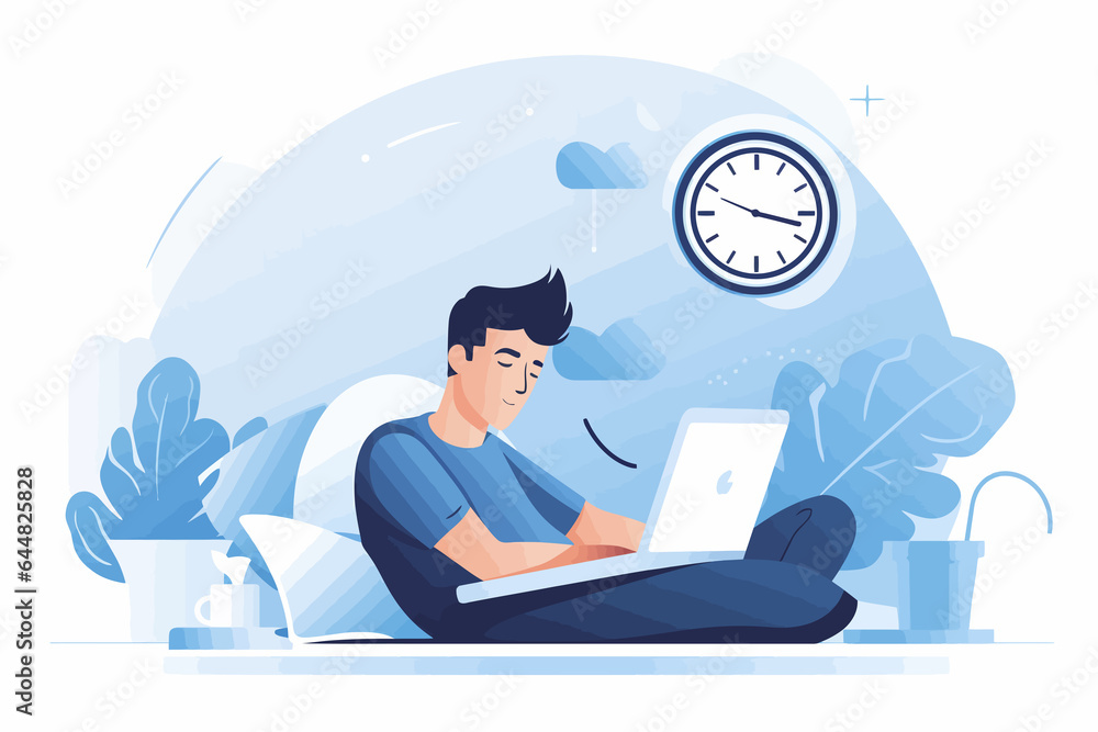 person in bed working on laptop vector flat isolated illustration