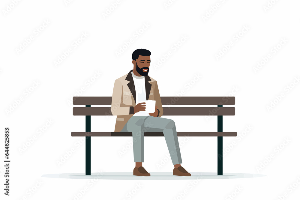 person on bench drinking coffee vector flat isolated illustration - obrazy, fototapety, plakaty 