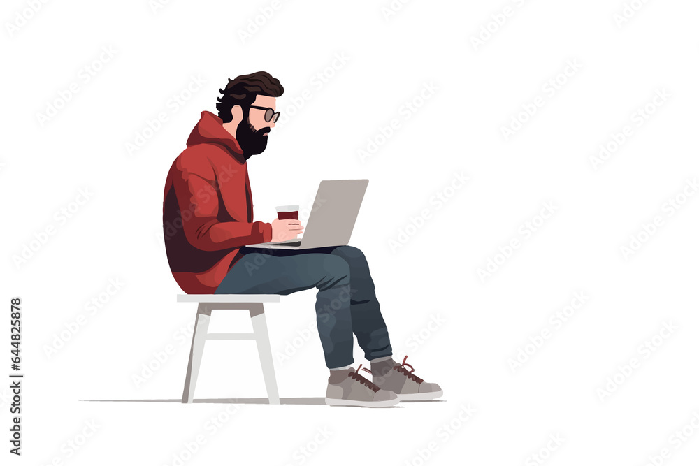 person with laptop drinking coffee vector flat isolated illustration