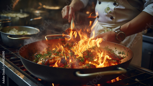 a chef expertly igniting a pan with flames, adding dramatic flair to the cooking process