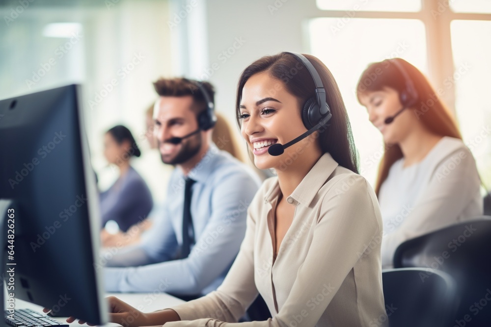 Customer support agent or call center in headset working at customer service office. Customer support agent or call center in headset working at customer service office.