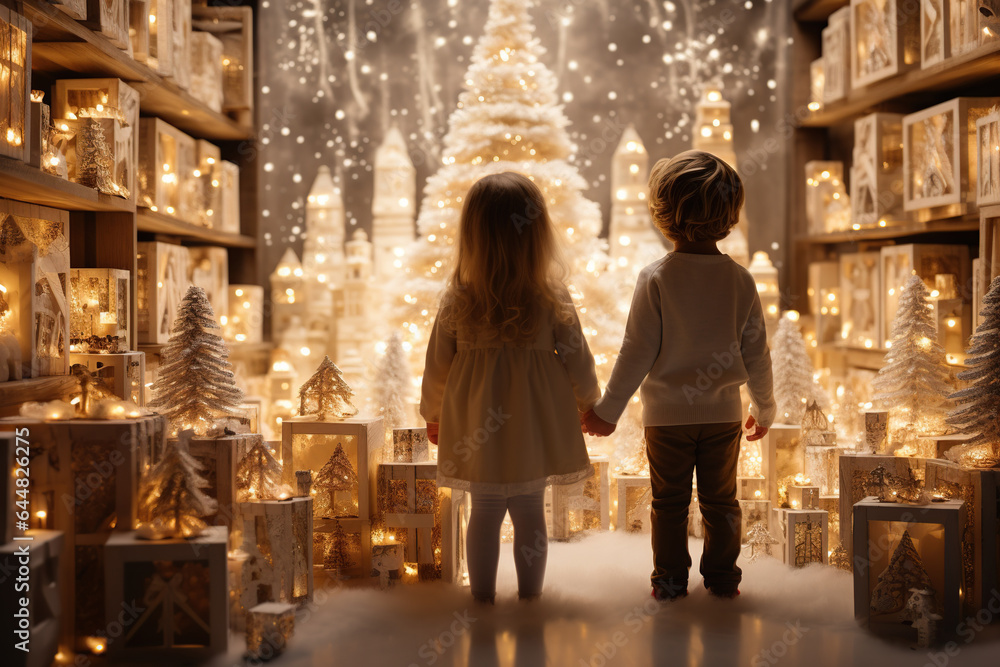 Children turned back standing in a illuminated monocolored  white christmas decorated room with Christmas tree and gifts, presents boxes, Ai generative.