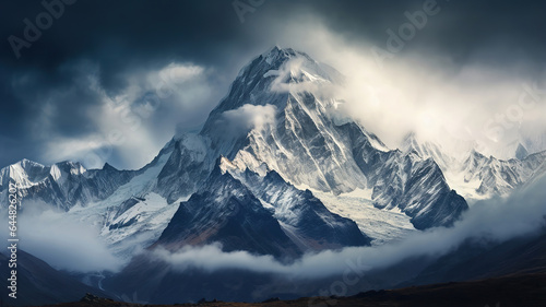 the majestic peak of the world's tallest mountain, often shrouded in clouds