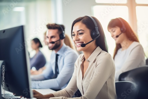 Customer support agent or call center in headset working at customer service office.