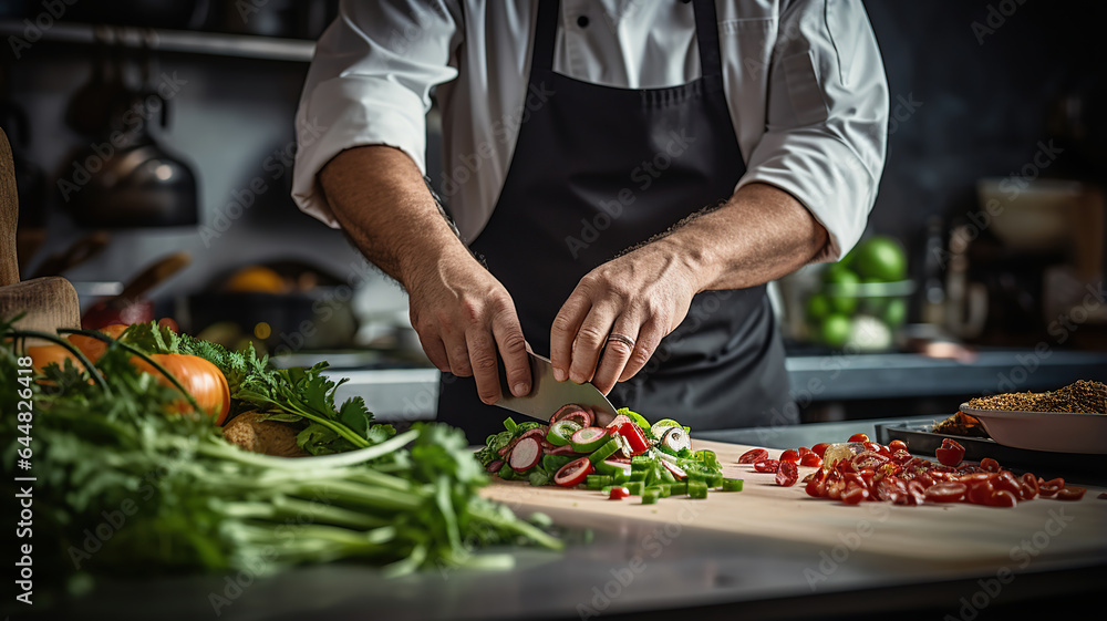 A snapshot of a chef hands in action, chopping, slicing, and preparing ingredients A snapshot of a chef hands in action, chopping, slicing, and preparing ingredients