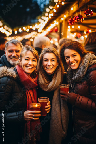A group of people standing at a Christmas market and drinking mulled wine, Christmas party. AI generative. © Dar1930