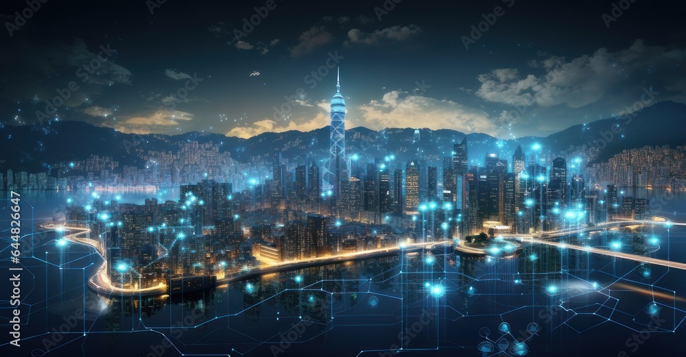 City's digital heartbeat superimposed on its skyline.