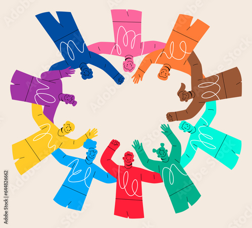 Group of happy people of different are standing in circle, hugging together, support. Unity concept. Colorful vector illustration