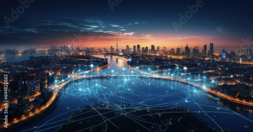 City s digital heartbeat superimposed on its skyline.