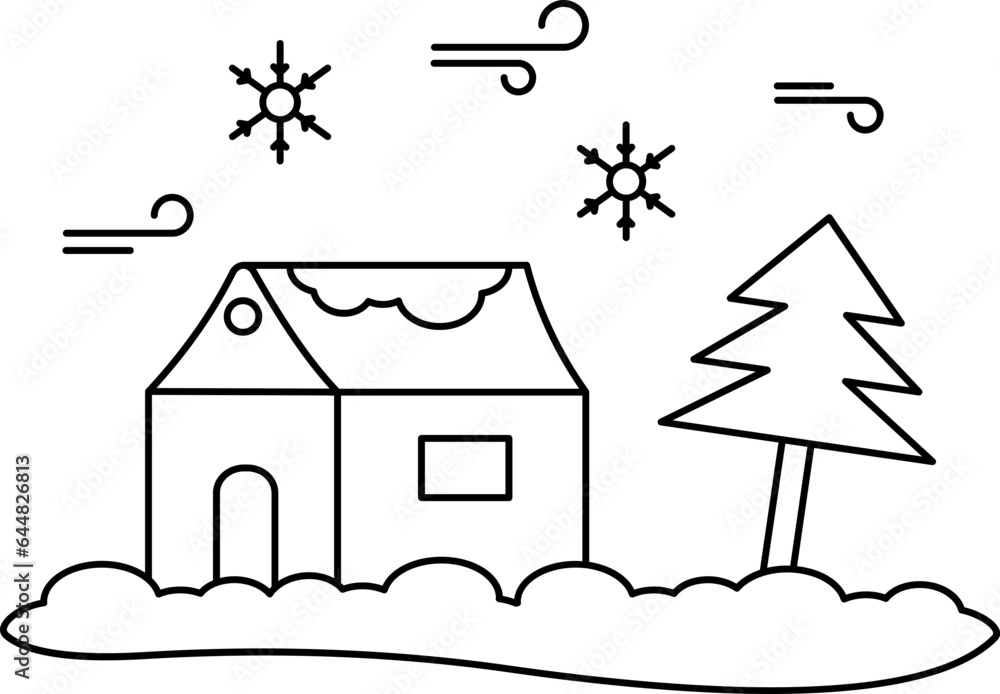 Illustration of Home With Snowfall Icon in Thin Line Art.