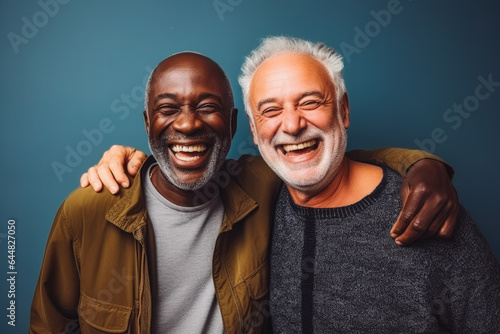 Portrait of two older male interracial best friends laughing, smiling and hugging on solid studio background.