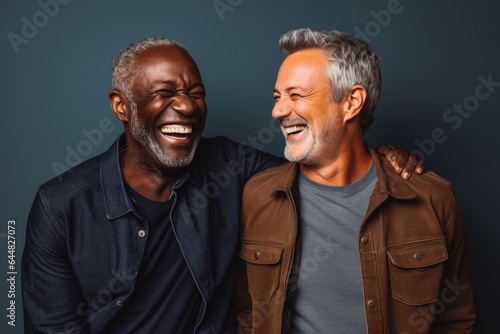 Portrait of two older male interracial best friends laughing, smiling and hugging on solid studio background.