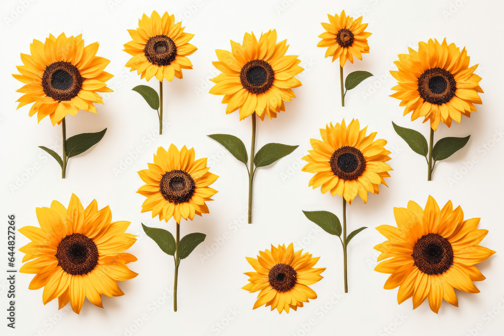 Fototapeta premium Collection of beautiful sunflower flowers on solid background.