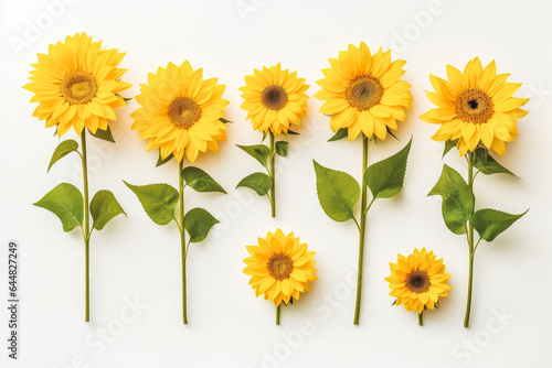 Collection of beautiful sunflower flowers on solid background.