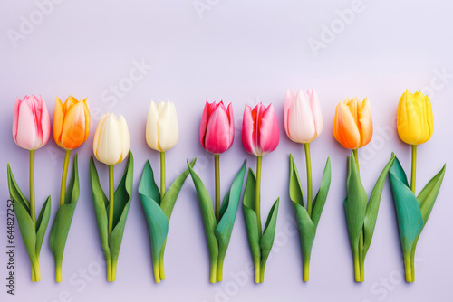Collection of beautiful tulip flowers on solid background.