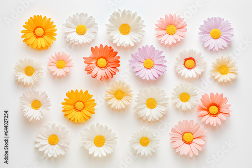 Collection of beautiful daisy flowers on solid background.