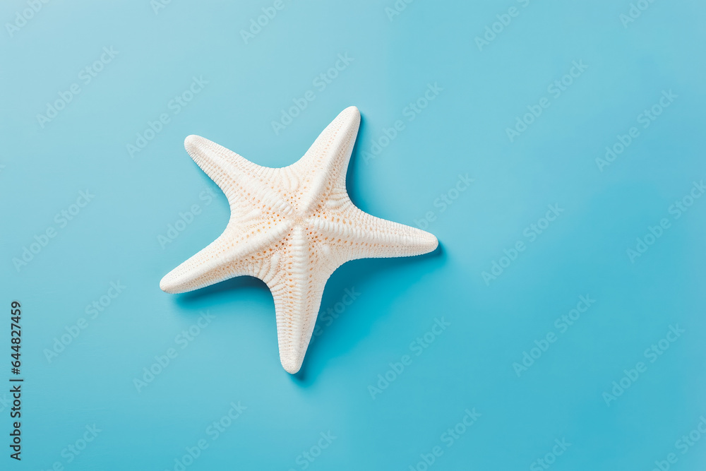White sea star shell on solid blue background. Ocean summer and vacation concept. White sea star shell on solid blue background. Ocean summer and vacation concept.