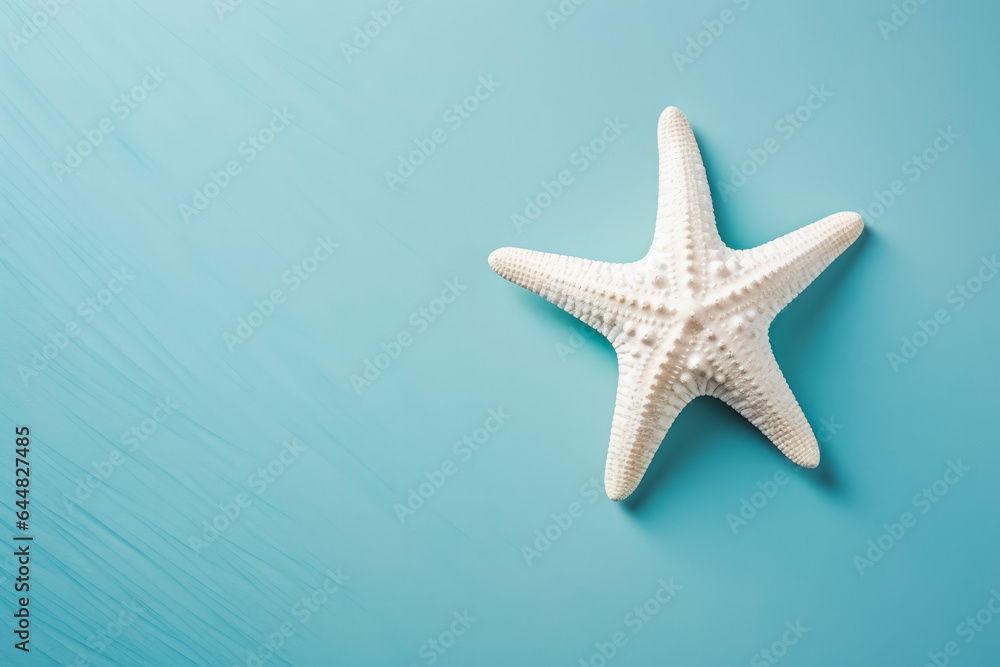 White sea star shell on solid blue background. Ocean summer and vacation concept. White sea star shell on solid blue background. Ocean summer and vacation concept.