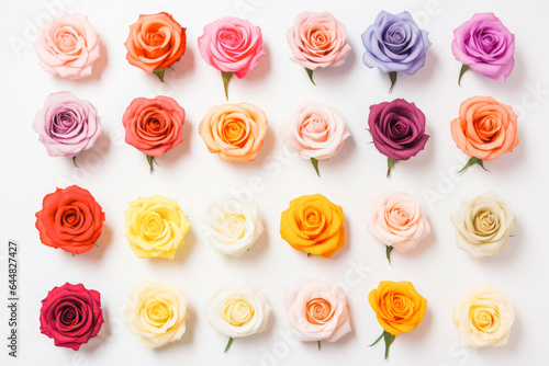 Collection of beautiful roses flowers on solid background.