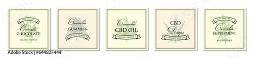 Set of cannabis store and products vintage logo template with hand drawn elements. Vector illustration in sketch style. Design for branding and product packaging