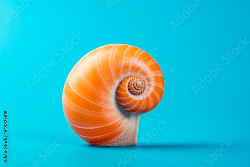 Beautiful sea snail shell on solid studio background. Ocean summer and vacation concept.