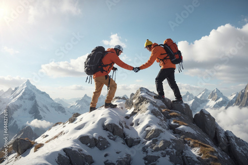 Teamwork Triumph: A Man's Helping Hand Leads His Friend to Conquer the Mountain Summit.