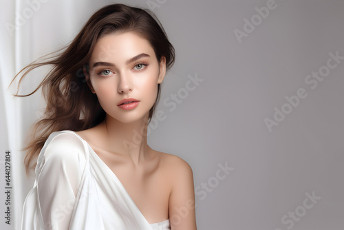 Pretty and cute young woman model with bright clean skin facial treatment cosmetology and beauty on isolate background, Generative AI