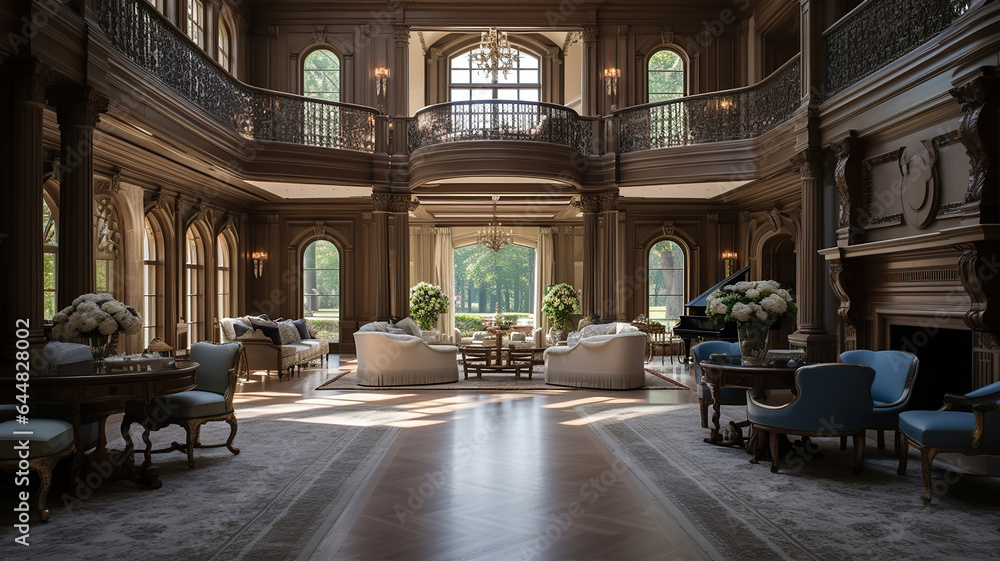 A grand interior shot of an elegant mansion showcasing its architectural beauty A grand interior shot of an elegant mansion showcasing its architectural beauty