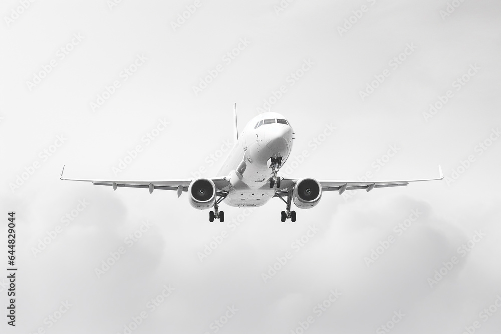 A white aircraft glides through the sky against a spotless white background, presented in a minimalist, hyper-realistic style as it soars through the air. Generative AI.