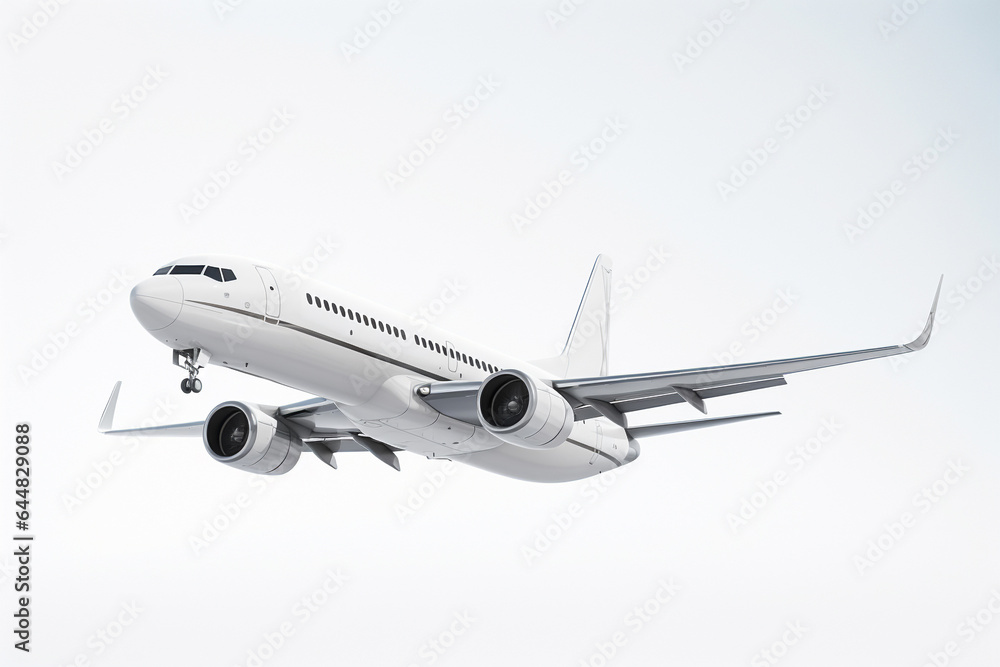 A white aircraft glides through the sky against a spotless white background, presented in a minimalist, hyper-realistic style as it soars through the air. Generative AI. A white aircraft glides through the sky against a spotless white background, presented in a minimalist, hyper-realistic style as it soars through the air. Generative AI.
