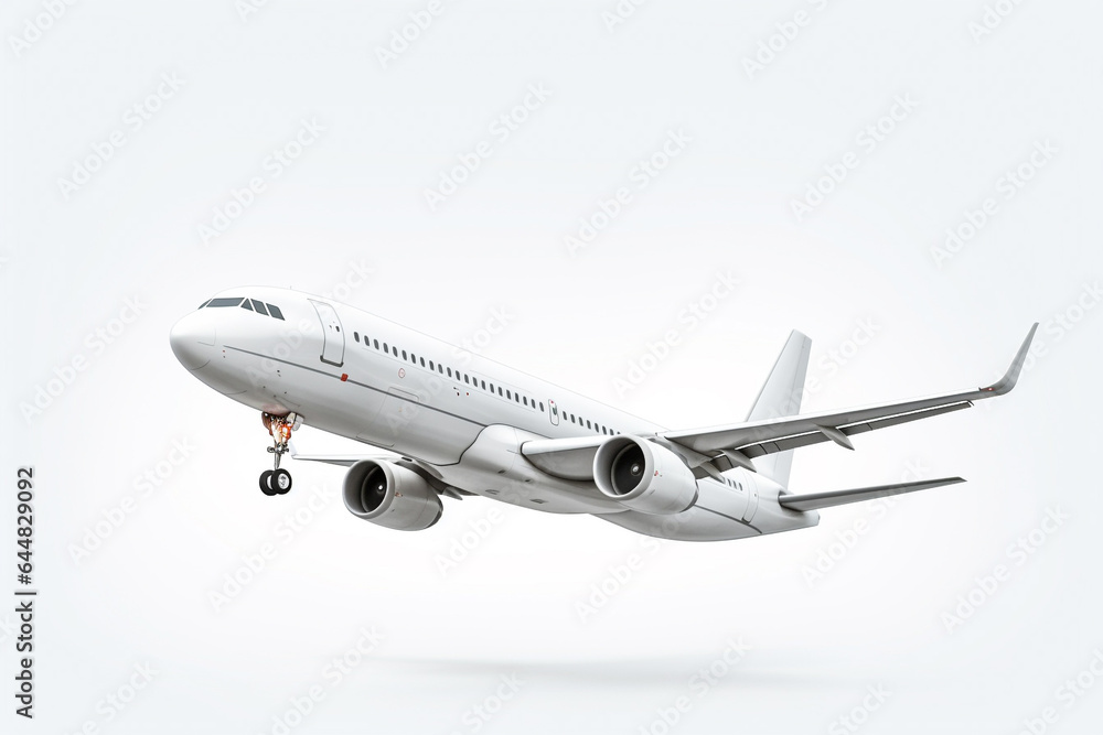 A white aircraft glides through the sky against a spotless white background, presented in a minimalist, hyper-realistic style as it soars through the air. Generative AI. A white aircraft glides through the sky against a spotless white background, presented in a minimalist, hyper-realistic style as it soars through the air. Generative AI.