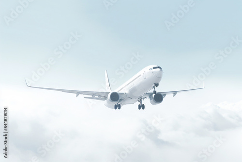 A white aircraft glides through the sky against a spotless white background, presented in a minimalist, hyper-realistic style as it soars through the air. Generative AI.