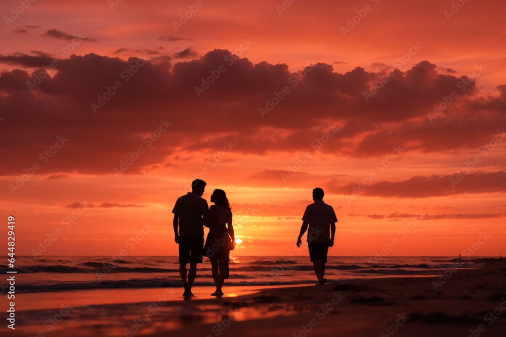 A romantic silhouette of a couple embracing against a backdrop of a fiery orange and pink sunset on the beach.