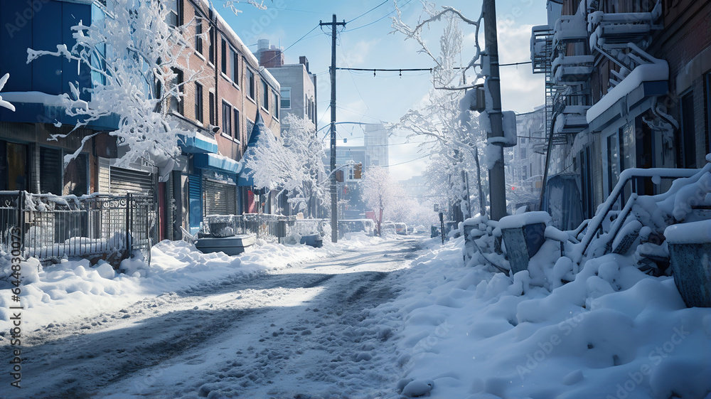 a city street covered in snow, showcasing the contrast between urban and winter elements